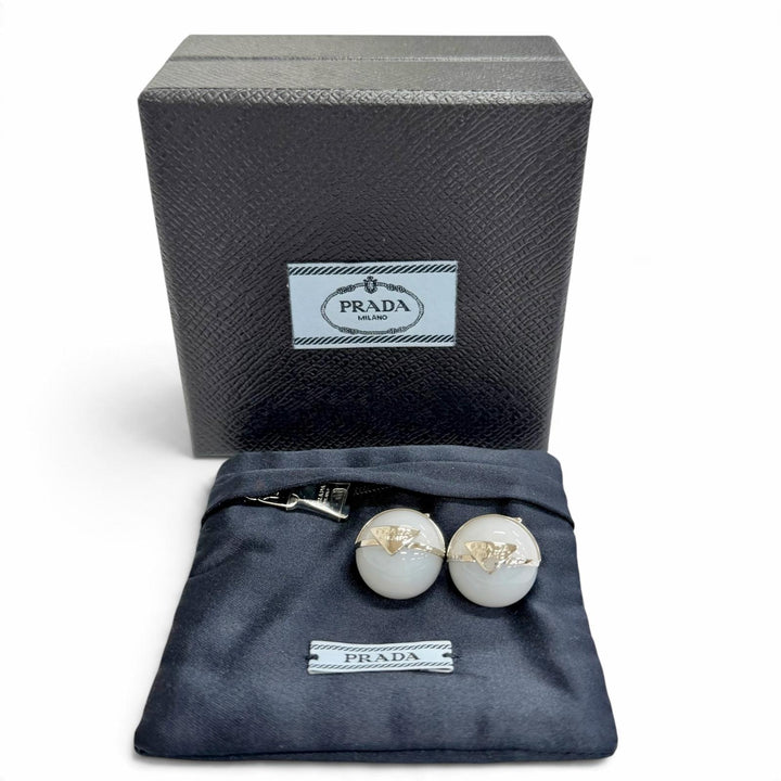 Excellent PRADA Pierce Triangle Logo Crystal Ball Earrings (Pair) 1I0239
