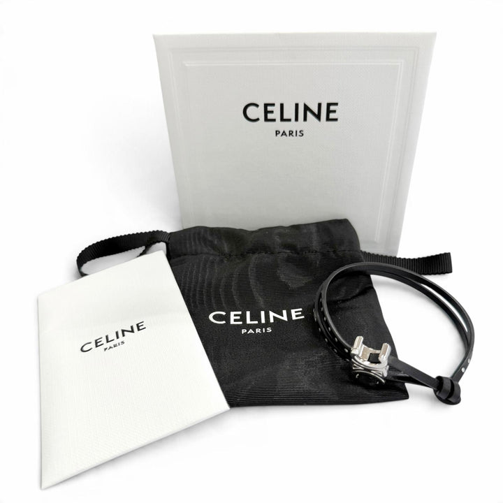 Pristine CELINE bracelet Triomphe Stud Clasp Leather Bangle black 60RW3SMO.3SMO