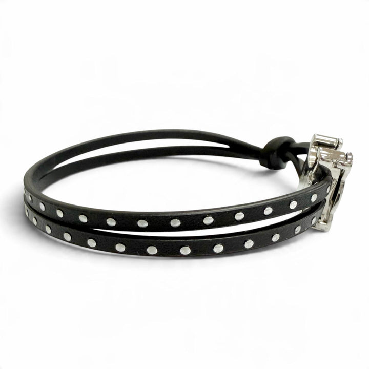 Pristine CELINE bracelet Triomphe Stud Clasp Leather Bangle black 60RW3SMO.3SMO