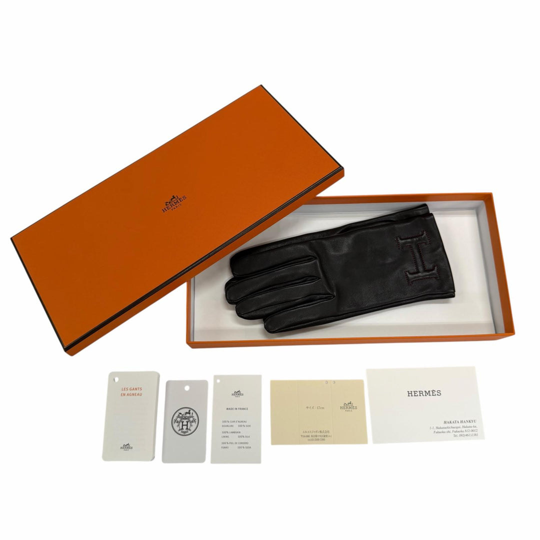 Pristine HERMES Bastille H logo embroidered leather gloves Anjou Glacé 6.5