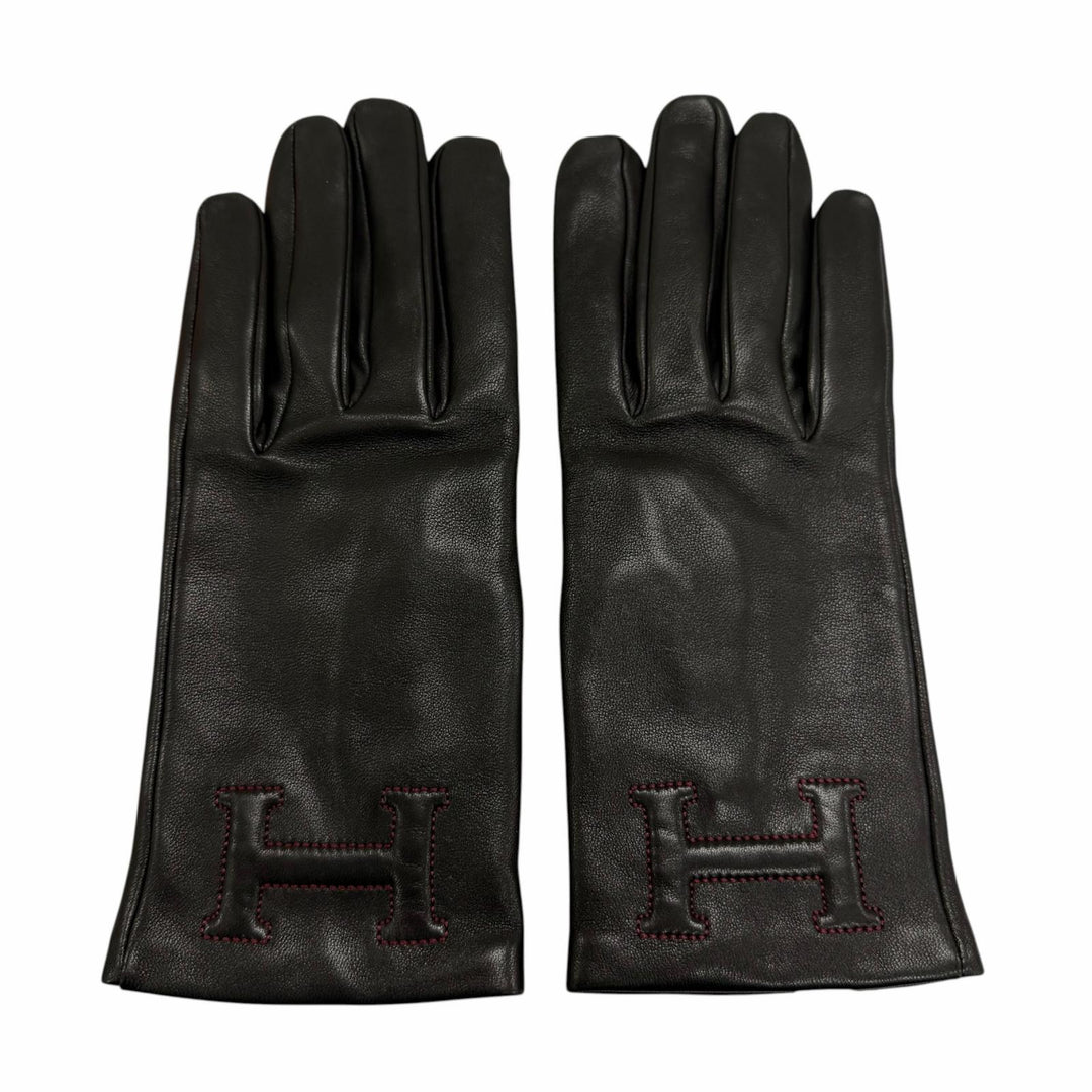 Pristine HERMES Bastille H logo embroidered leather gloves Anjou Glacé 6.5