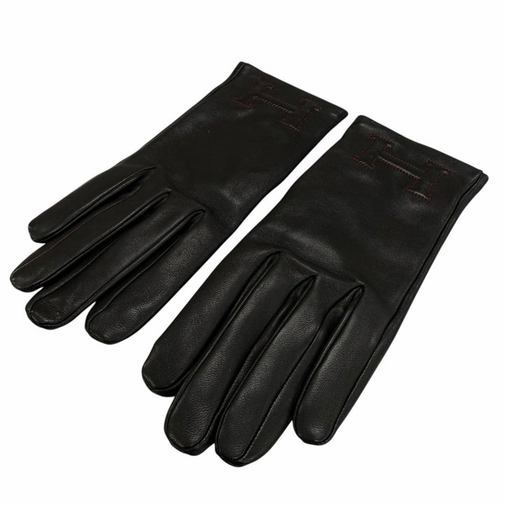 Pristine HERMES Bastille H logo embroidered leather gloves Anjou Glacé 6.5