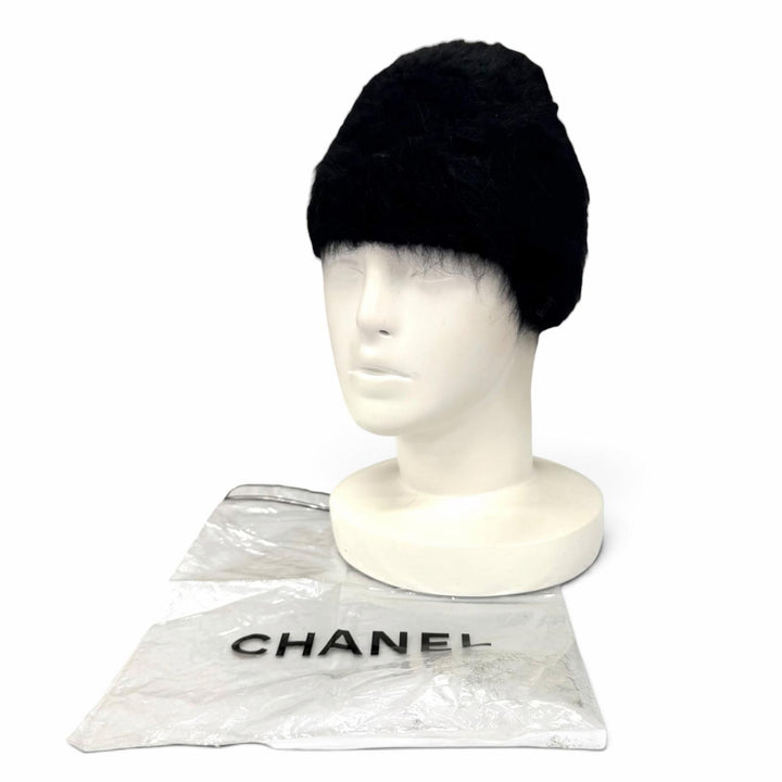 Pristine CHANEL Knit cap Rhinestone COCO Mark knit hat black Angola 2 02A P19735