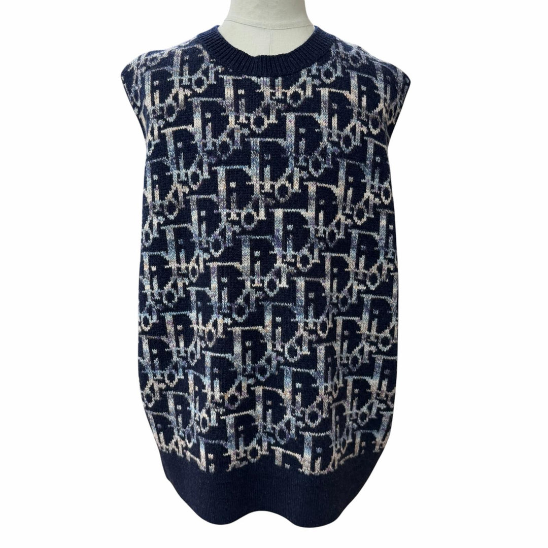Excellent DIOR Best Oblique Jacquard Knit Navy wool mens XXL 393M662AT344