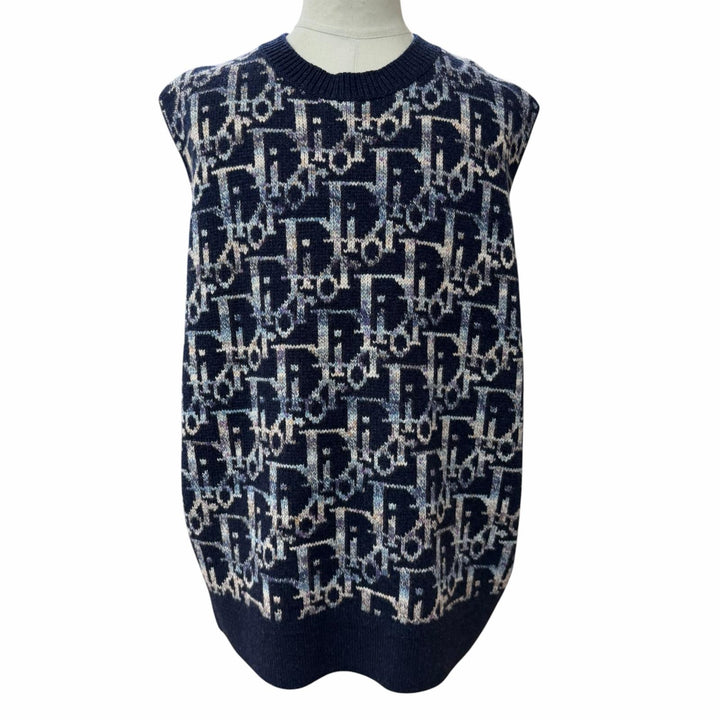 Excellent DIOR Best Oblique Jacquard Knit Navy wool mens XXL 393M662AT344