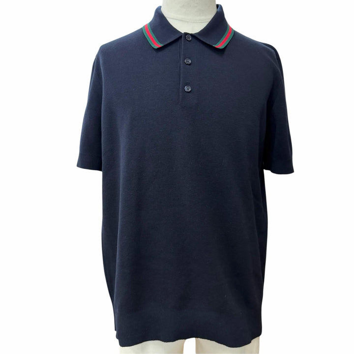 Pristine GUCCI Short sleeve polo shirt Web stripe logo Navy silk mens L 814994