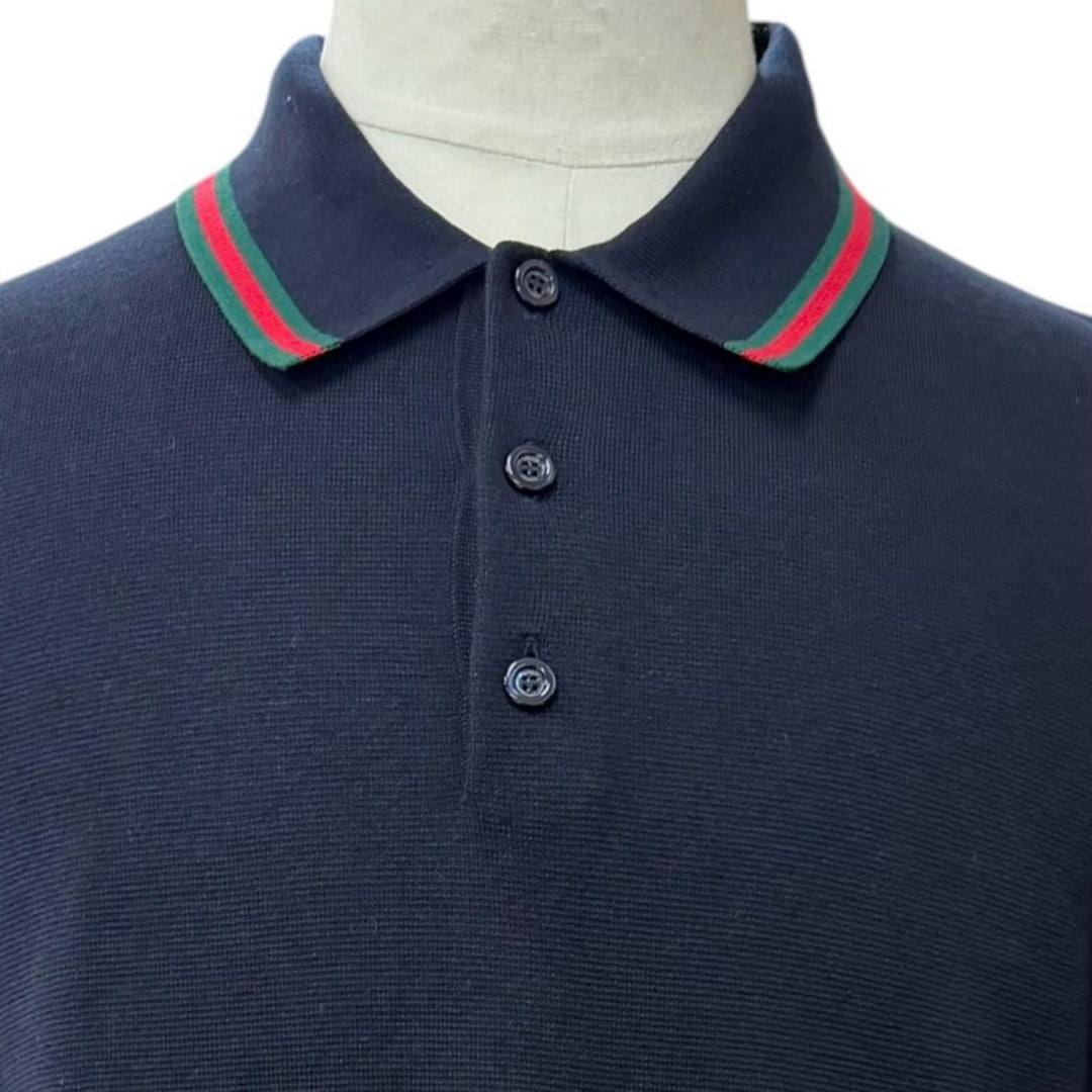Pristine GUCCI Short sleeve polo shirt Web stripe logo Navy silk mens L 814994