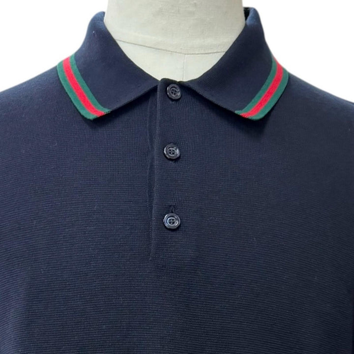Pristine GUCCI Short sleeve polo shirt Web stripe logo Navy silk mens L 814994