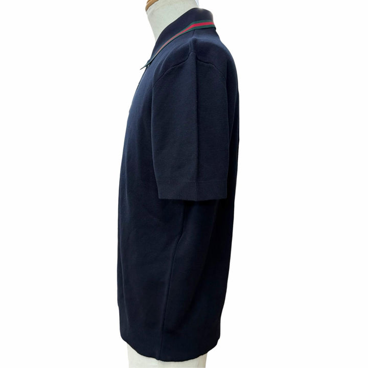 Pristine GUCCI Short sleeve polo shirt Web stripe logo Navy silk mens L 814994