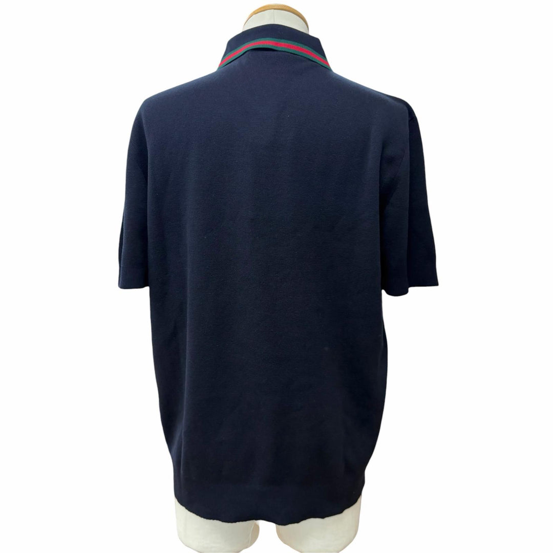 Pristine GUCCI Short sleeve polo shirt Web stripe logo Navy silk mens L 814994