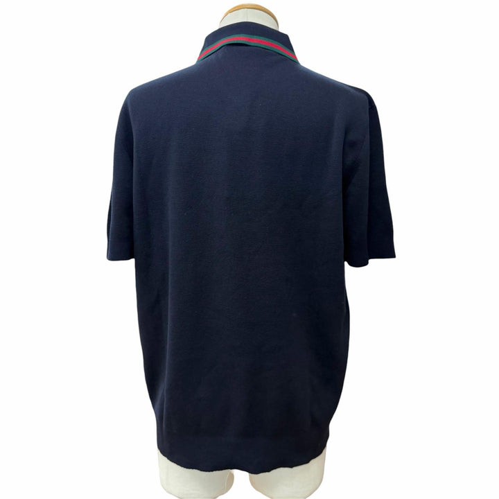 Pristine GUCCI Short sleeve polo shirt Web stripe logo Navy silk mens L 814994