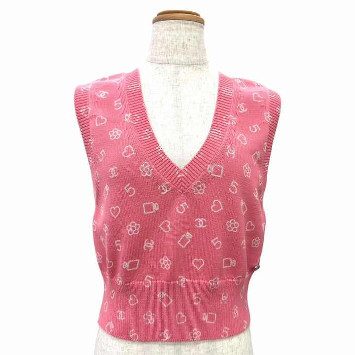 Excellent CHANEL COCO Mark All-Over Print V-Neck Knit Vest pink 38 P74201K10609
