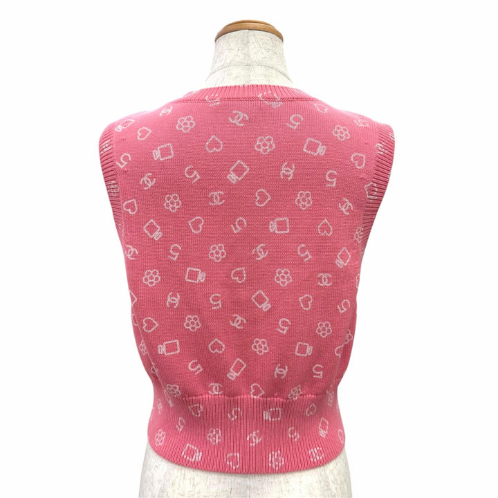 Excellent CHANEL COCO Mark All-Over Print V-Neck Knit Vest pink 38 P74201K10609