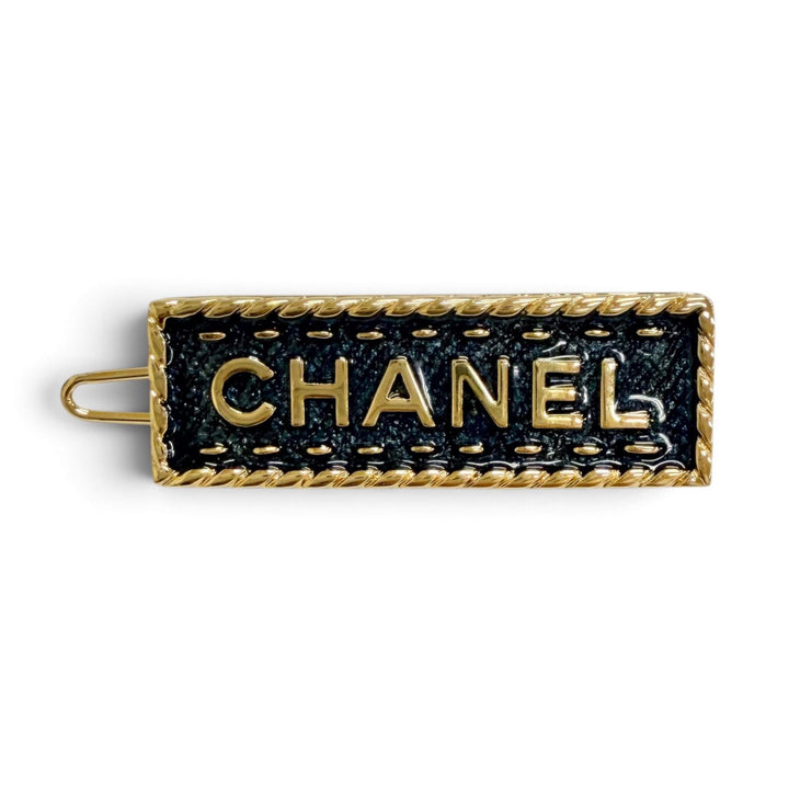 Excellent CHANEL hair accessory Logo denim design barrette hair clip blue I24P