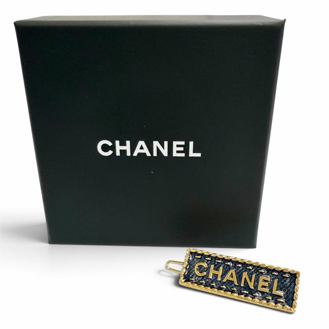 Excellent CHANEL hair accessory Logo denim design barrette hair clip blue I24P