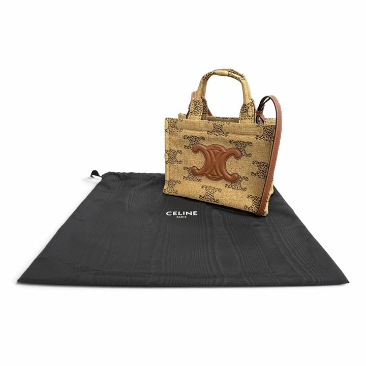 Pristine CELINE Shoulder Bag SMALL CABAS THAIS Raffia Effect Triomphe 2-Way