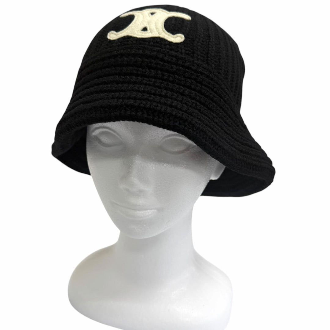Excellent CELINE hat Trionf Applique Knit Bucket black cashmere mens