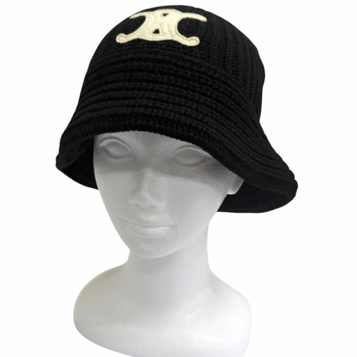 Excellent CELINE hat Trionf Applique Knit Bucket black cashmere mens