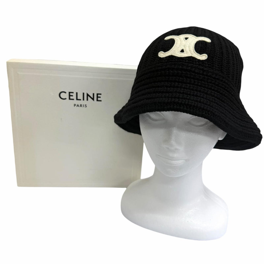 Excellent CELINE hat Trionf Applique Knit Bucket black cashmere mens