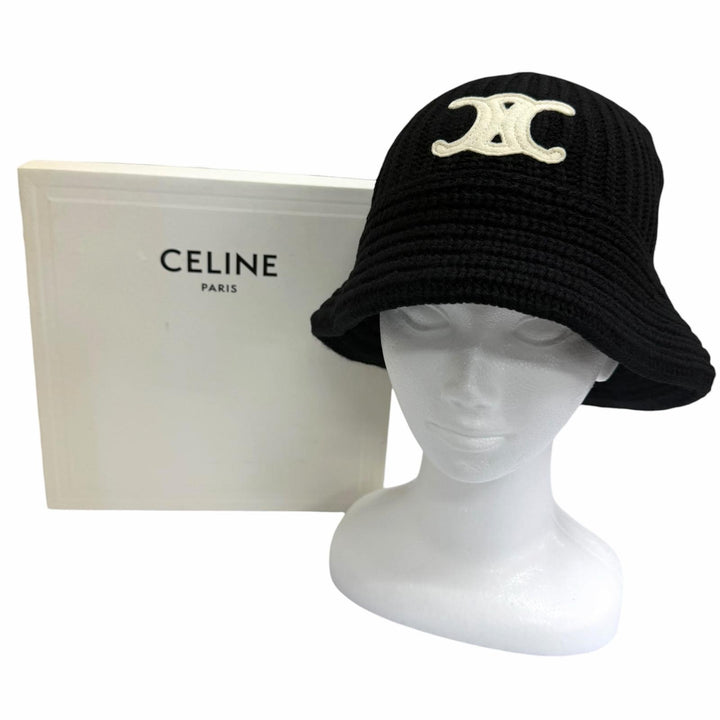 Excellent CELINE hat Trionf Applique Knit Bucket black cashmere mens
