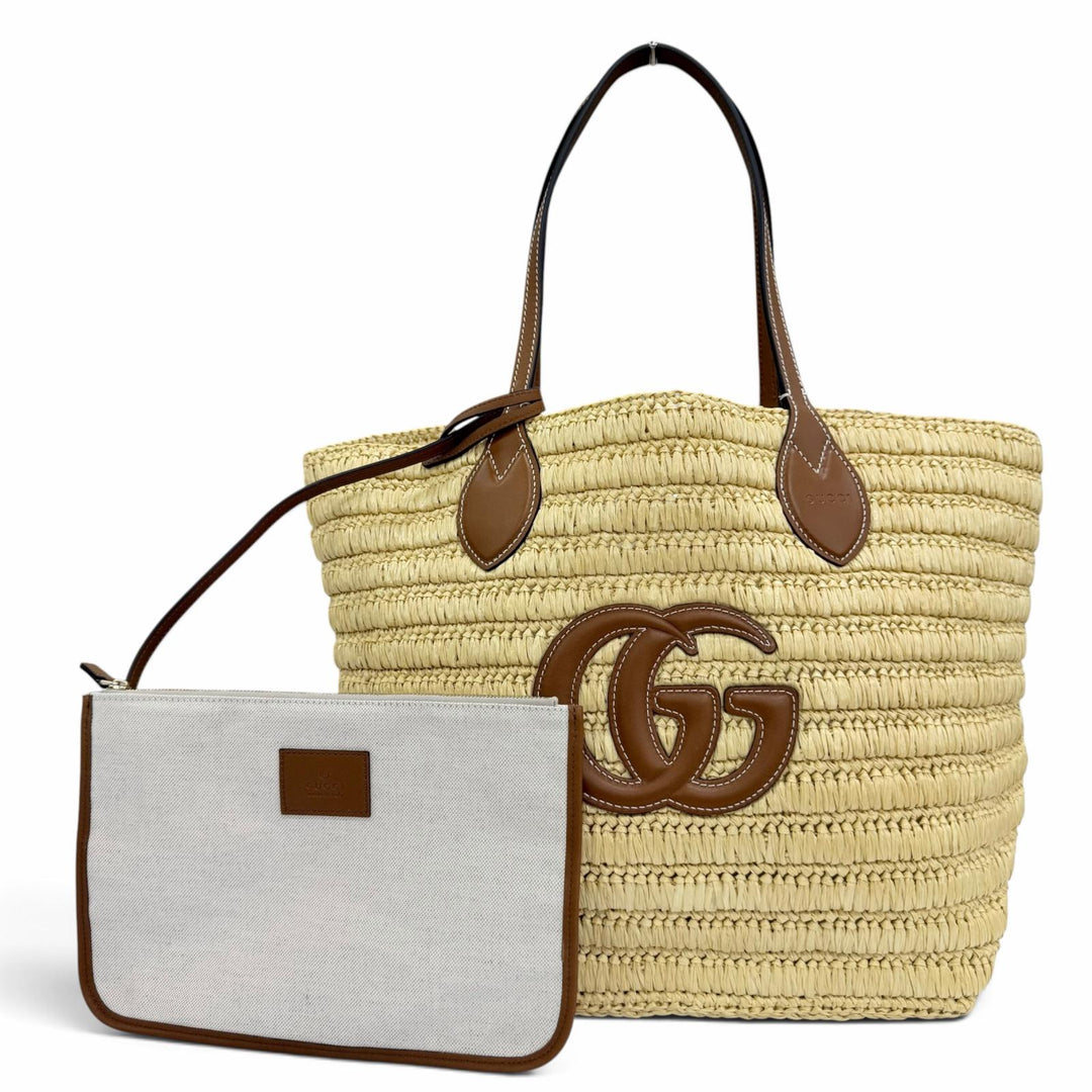 Pristine GUCCI Tote Bag GG logo raffia leather basket bag natural Women 836506