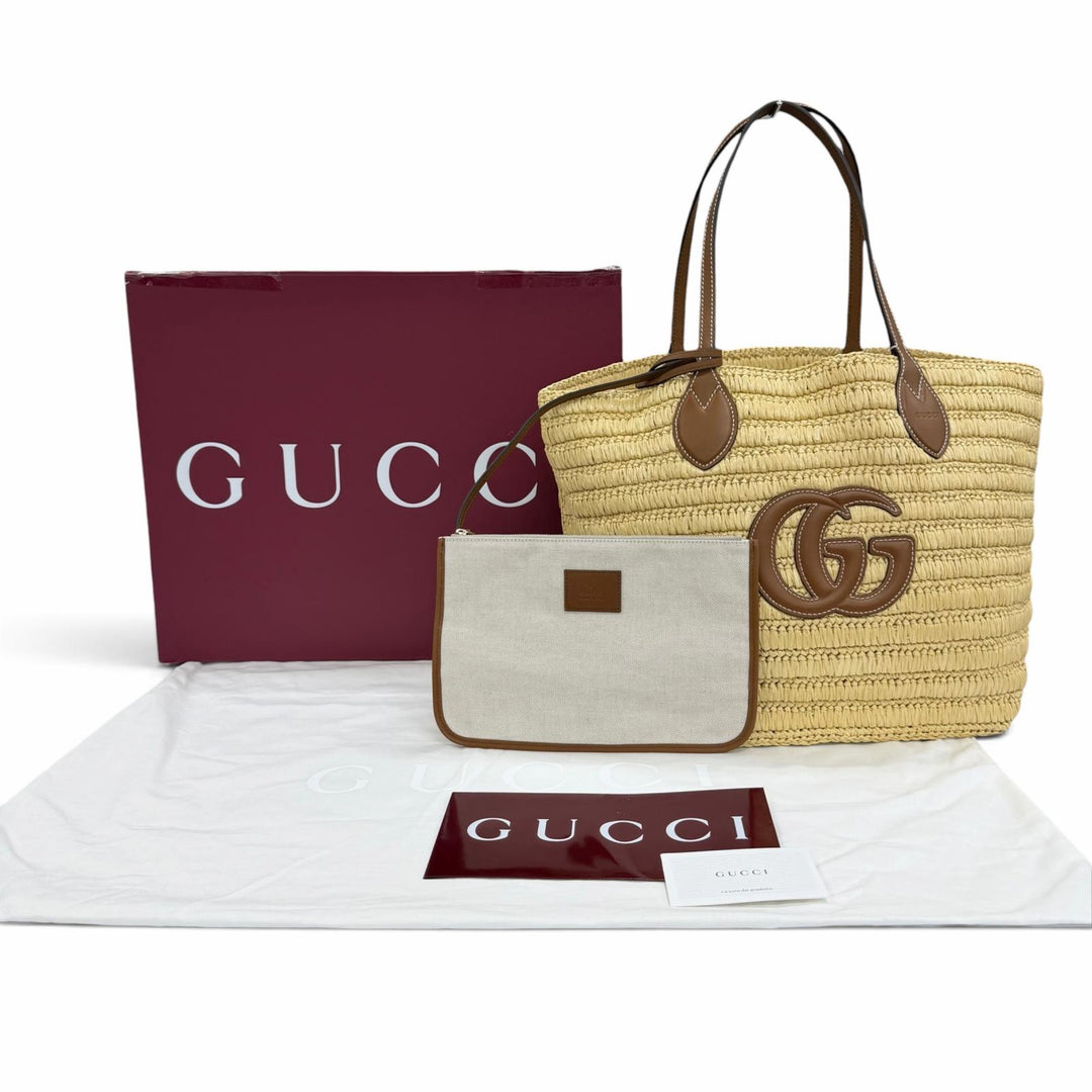 Pristine GUCCI Tote Bag GG logo raffia leather basket bag natural Women 836506