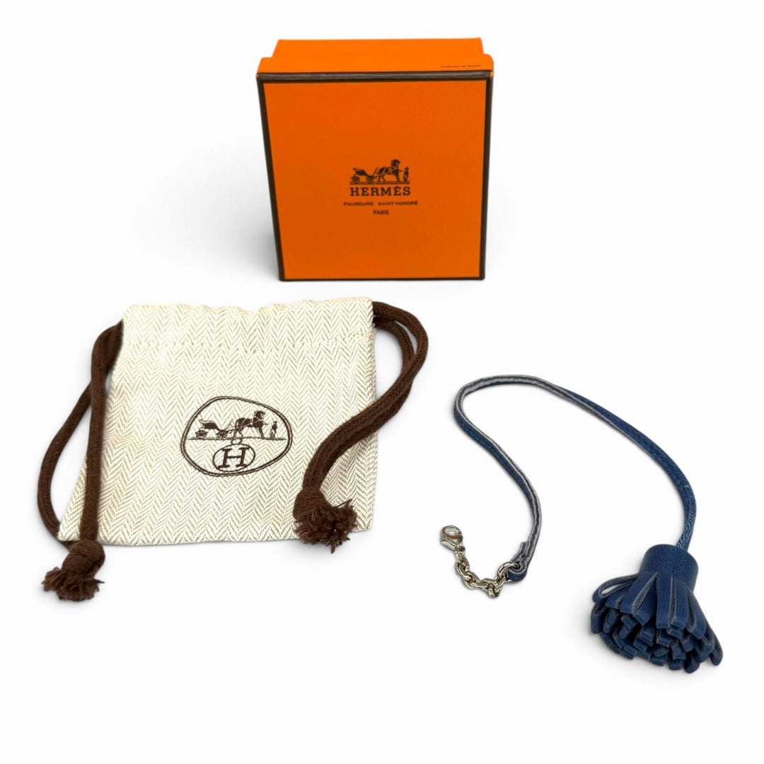 Excellent HERMES Bag charm Carmenchita Pompon Bookmark Navy leather Women