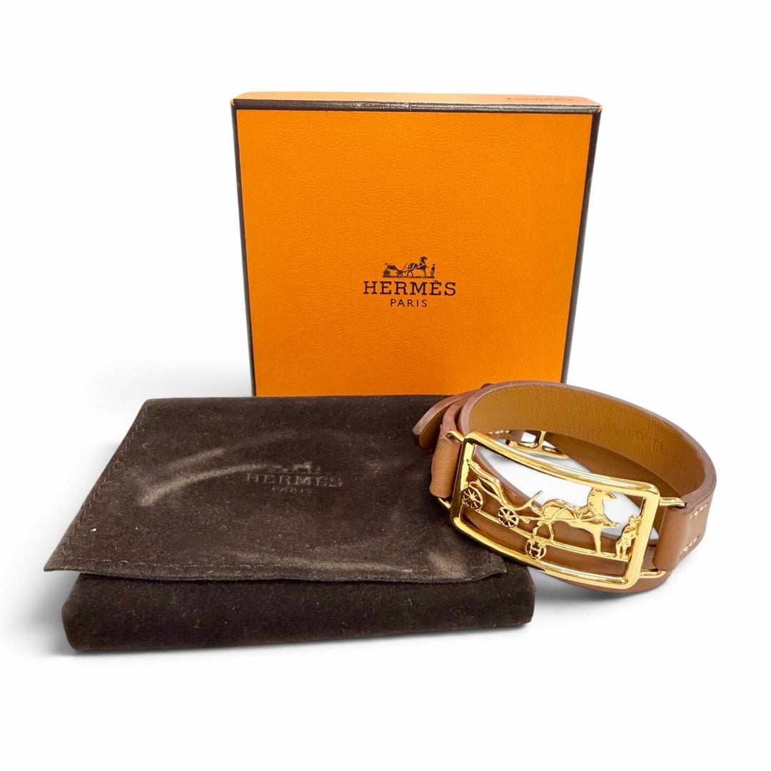 Excellent HERMES bracelet Caleche Double Tour Bracelet Brown leather Women