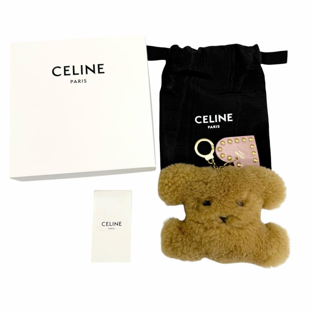 Excellent CELINE Bag charm TRIOMPHE POM-POM CHARM shearling calf leather Brown