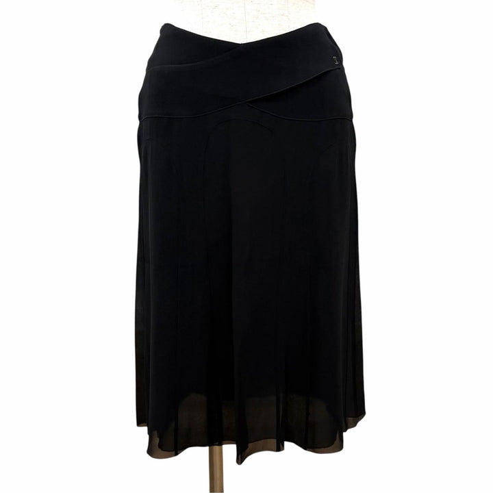 Excellent CHANEL flare skirt COCO Mark Silk Chiffon black silk FR 34 06C P27732