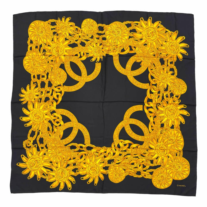Excellent CHANEL scarf COCO Mark Coin Chain Large Size black silk Women