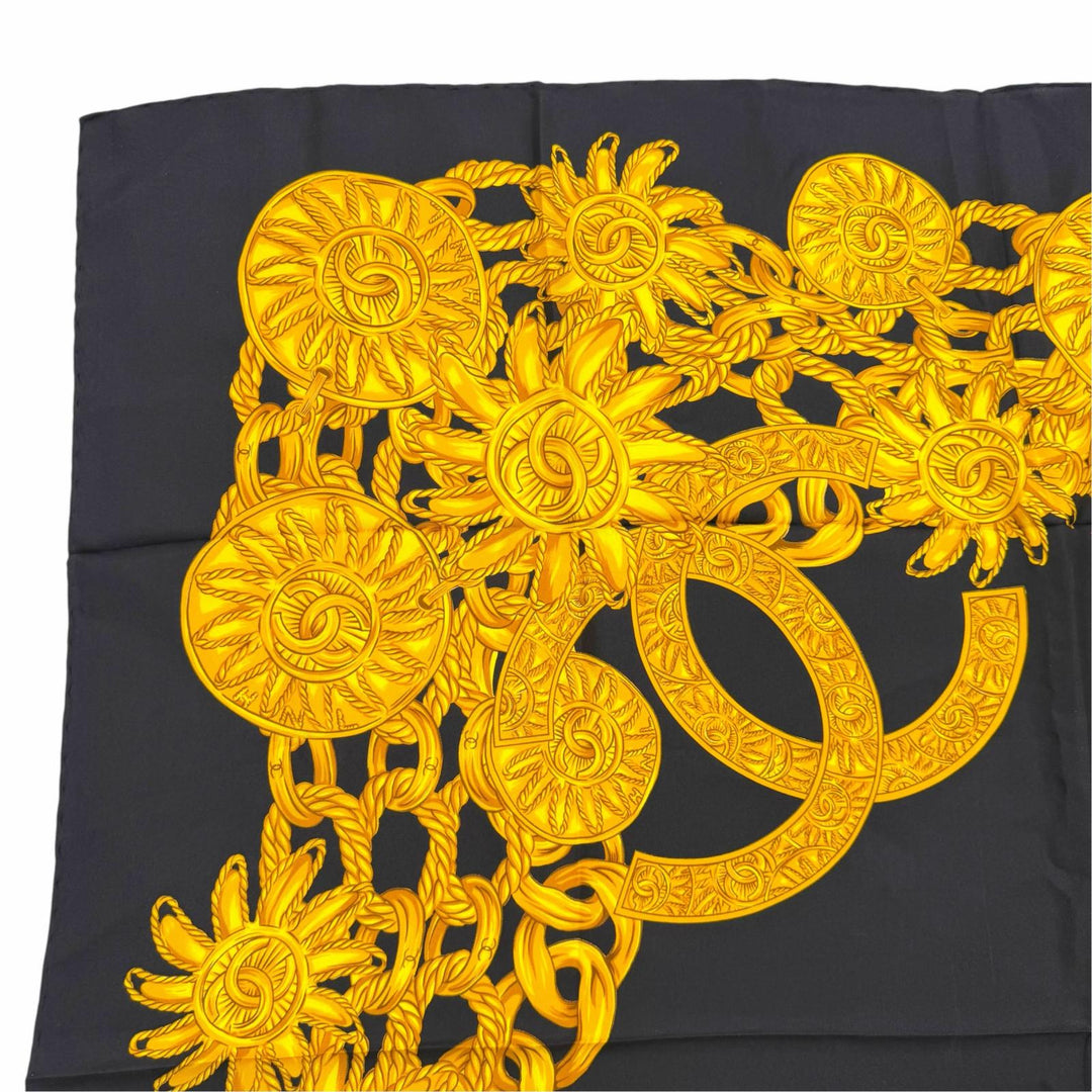 Excellent CHANEL scarf COCO Mark Coin Chain Large Size black silk Women