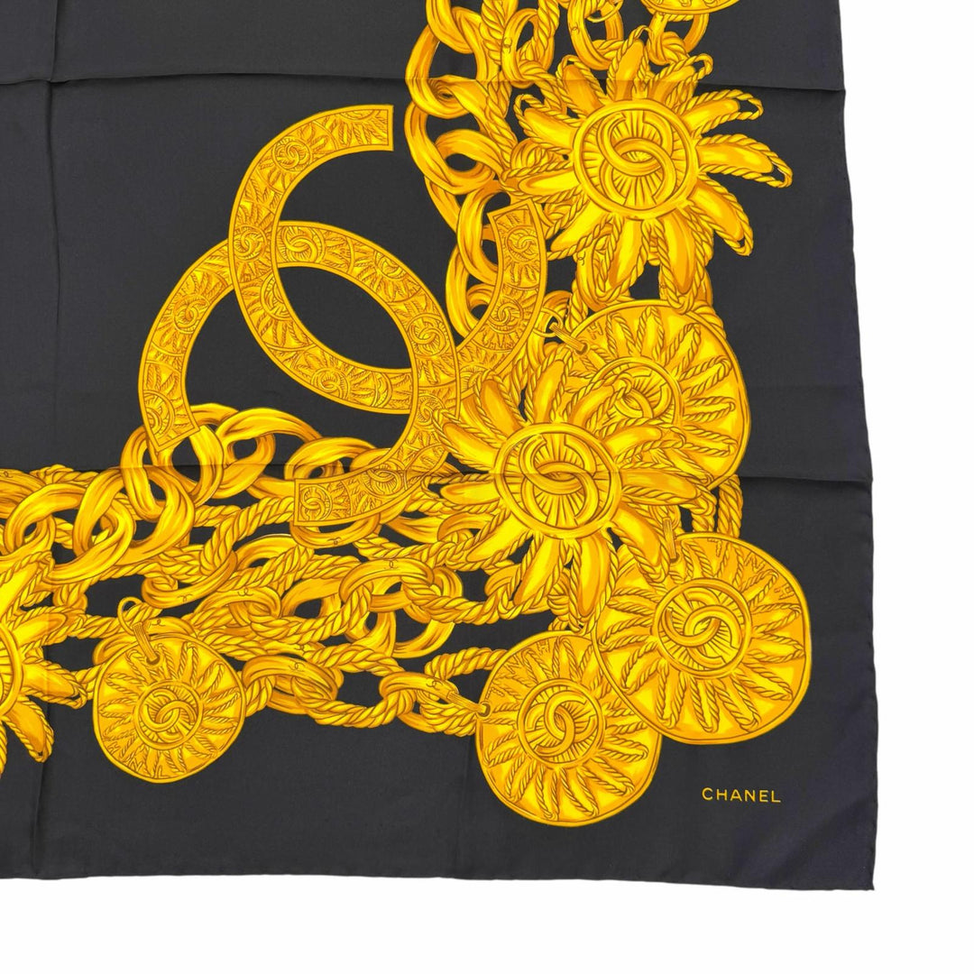 Excellent CHANEL scarf COCO Mark Coin Chain Large Size black silk Women
