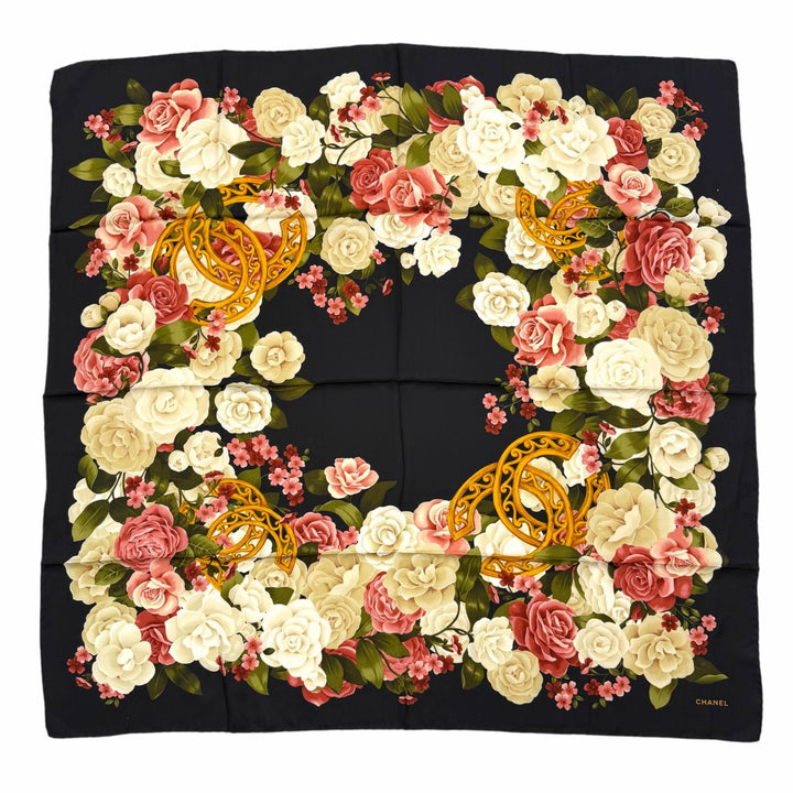 Excellent CHANEL scarf COCO Mark Flower Print Large Size black silk Women