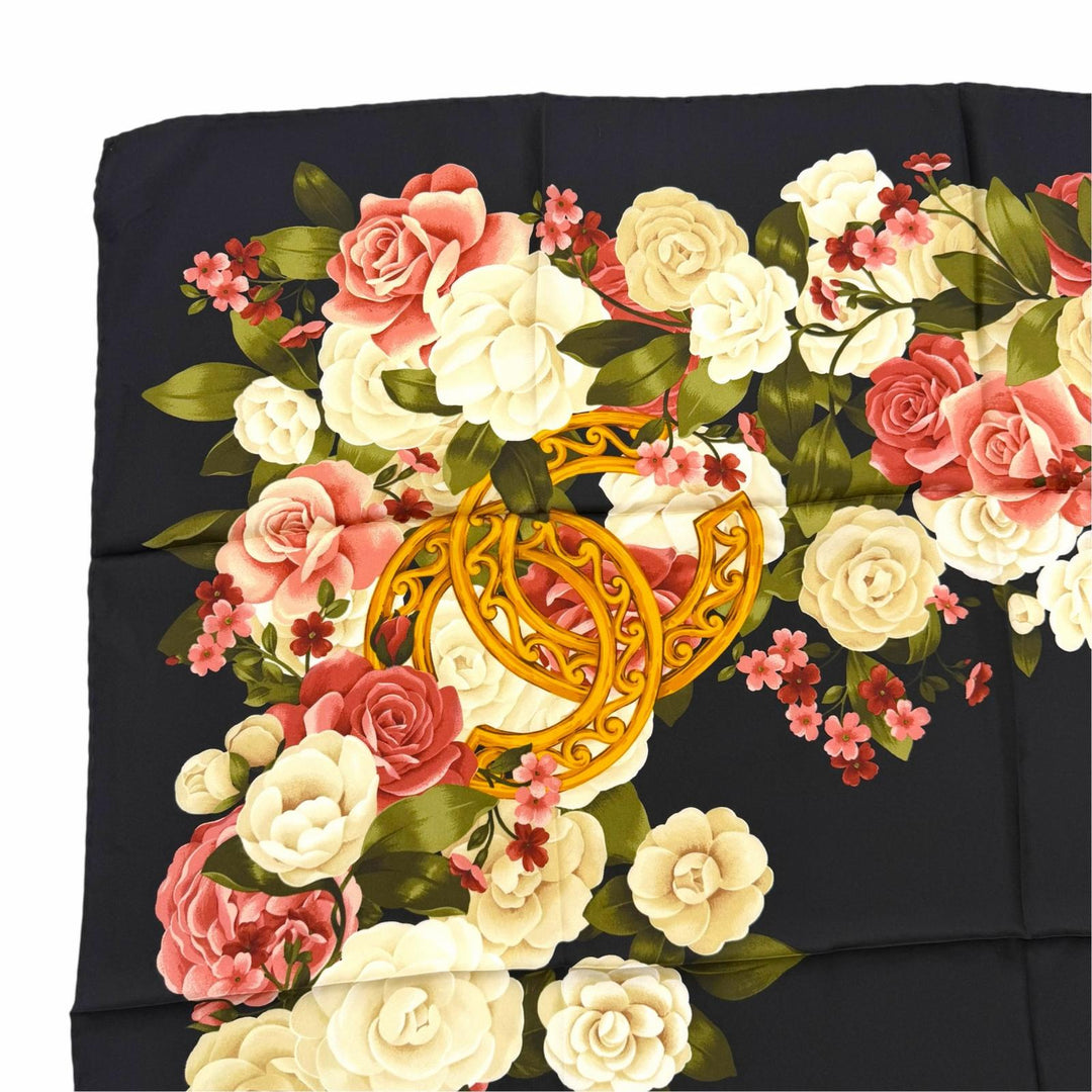 Excellent CHANEL scarf COCO Mark Flower Print Large Size black silk Women