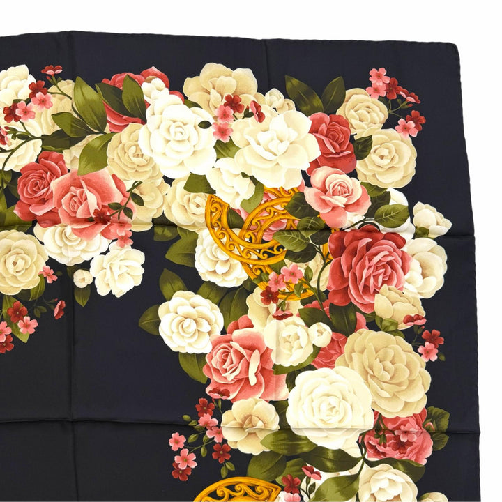 Excellent CHANEL scarf COCO Mark Flower Print Large Size black silk Women