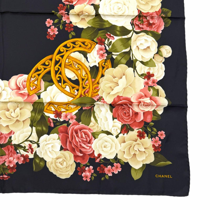Excellent CHANEL scarf COCO Mark Flower Print Large Size black silk Women