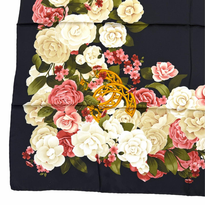 Excellent CHANEL scarf COCO Mark Flower Print Large Size black silk Women