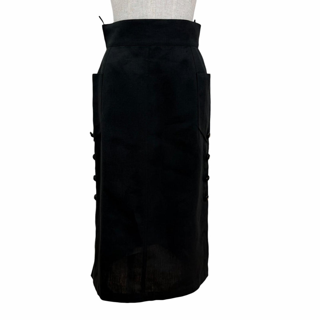 Great CHANEL Tight Skirt COCO Mark Button Long Length black linen Women 38 93P
