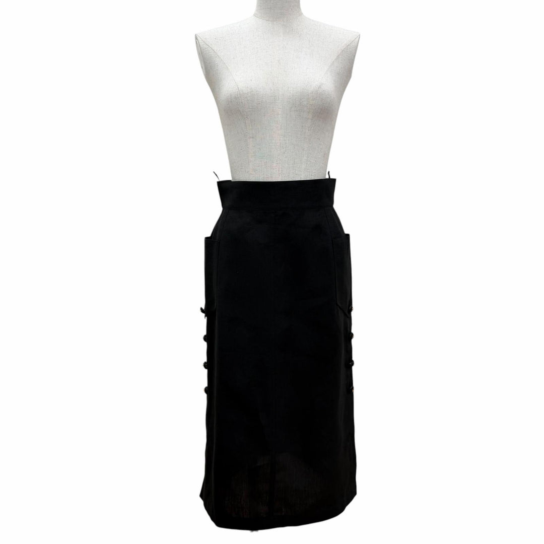 Great CHANEL Tight Skirt COCO Mark Button Long Length black linen Women 38 93P