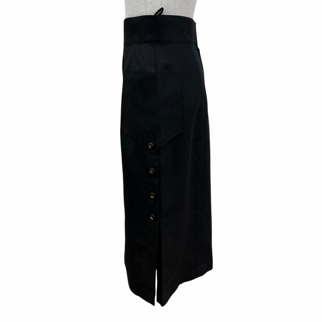 Great CHANEL Tight Skirt COCO Mark Button Long Length black linen Women 38 93P