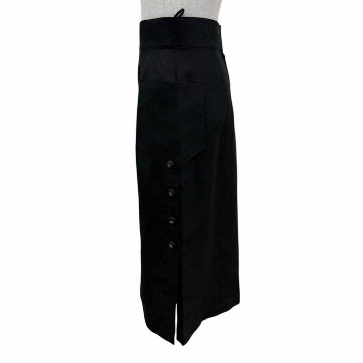 Great CHANEL Tight Skirt COCO Mark Button Long Length black linen Women 38 93P