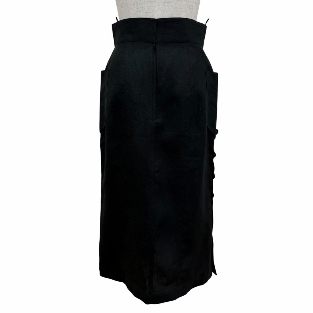 Great CHANEL Tight Skirt COCO Mark Button Long Length black linen Women 38 93P