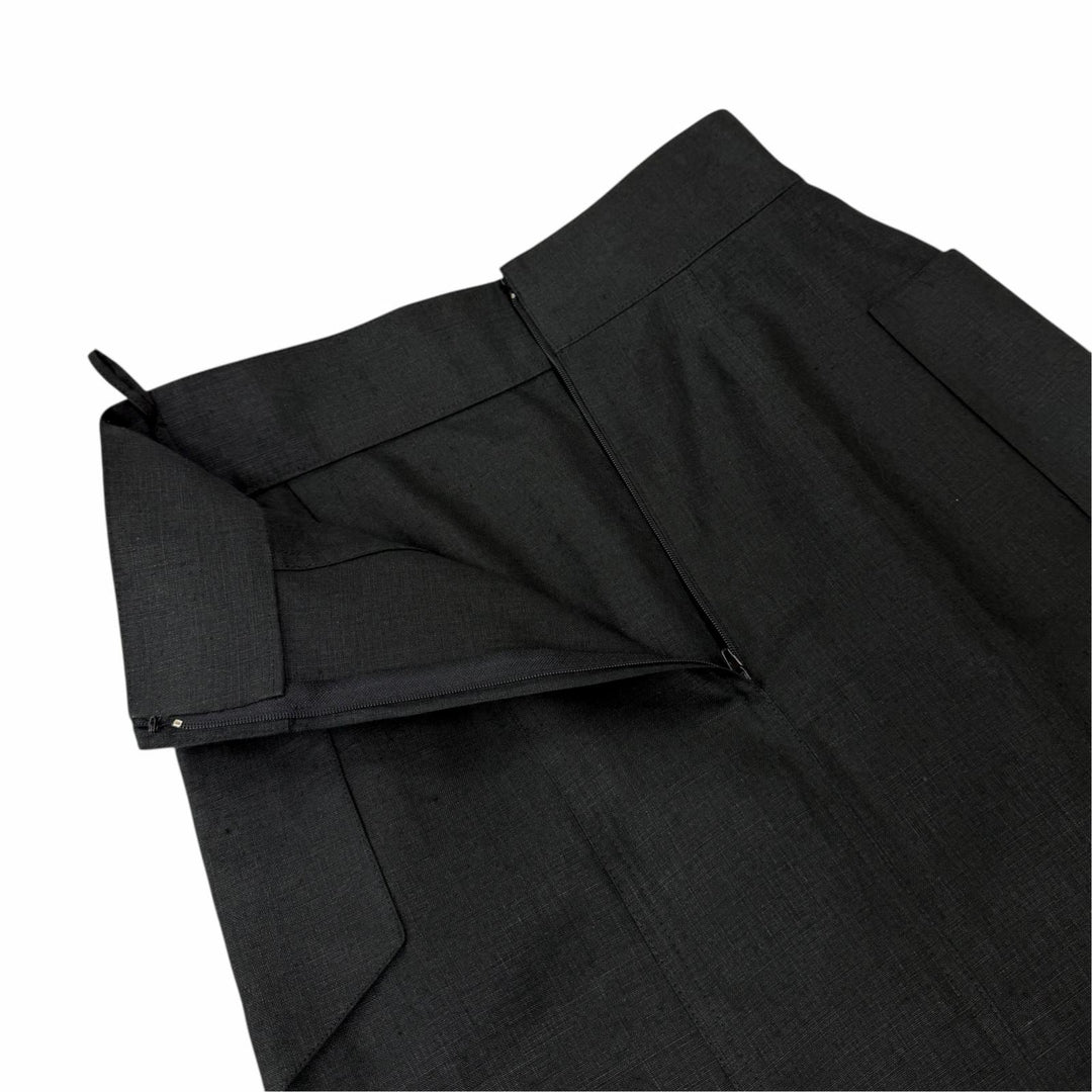 Great CHANEL Tight Skirt COCO Mark Button Long Length black linen Women 38 93P