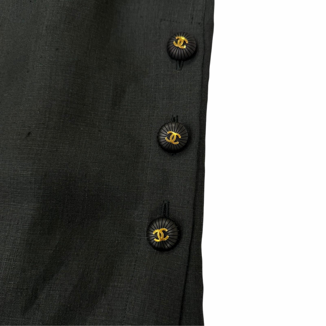 Great CHANEL Tight Skirt COCO Mark Button Long Length black linen Women 38 93P