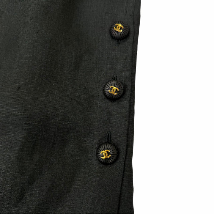 Great CHANEL Tight Skirt COCO Mark Button Long Length black linen Women 38 93P
