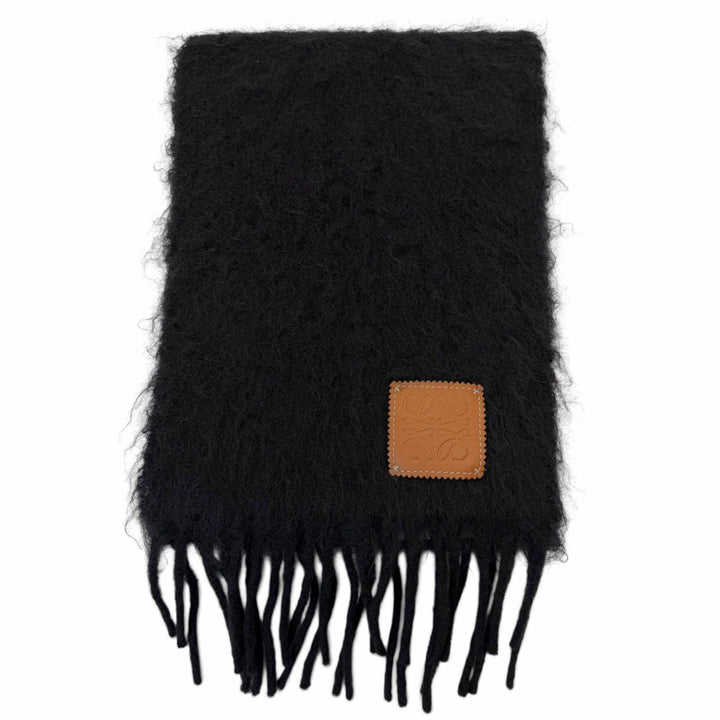 Excellent LOEWE Scarf Anagram Leather Patch Fringe black mohair Women