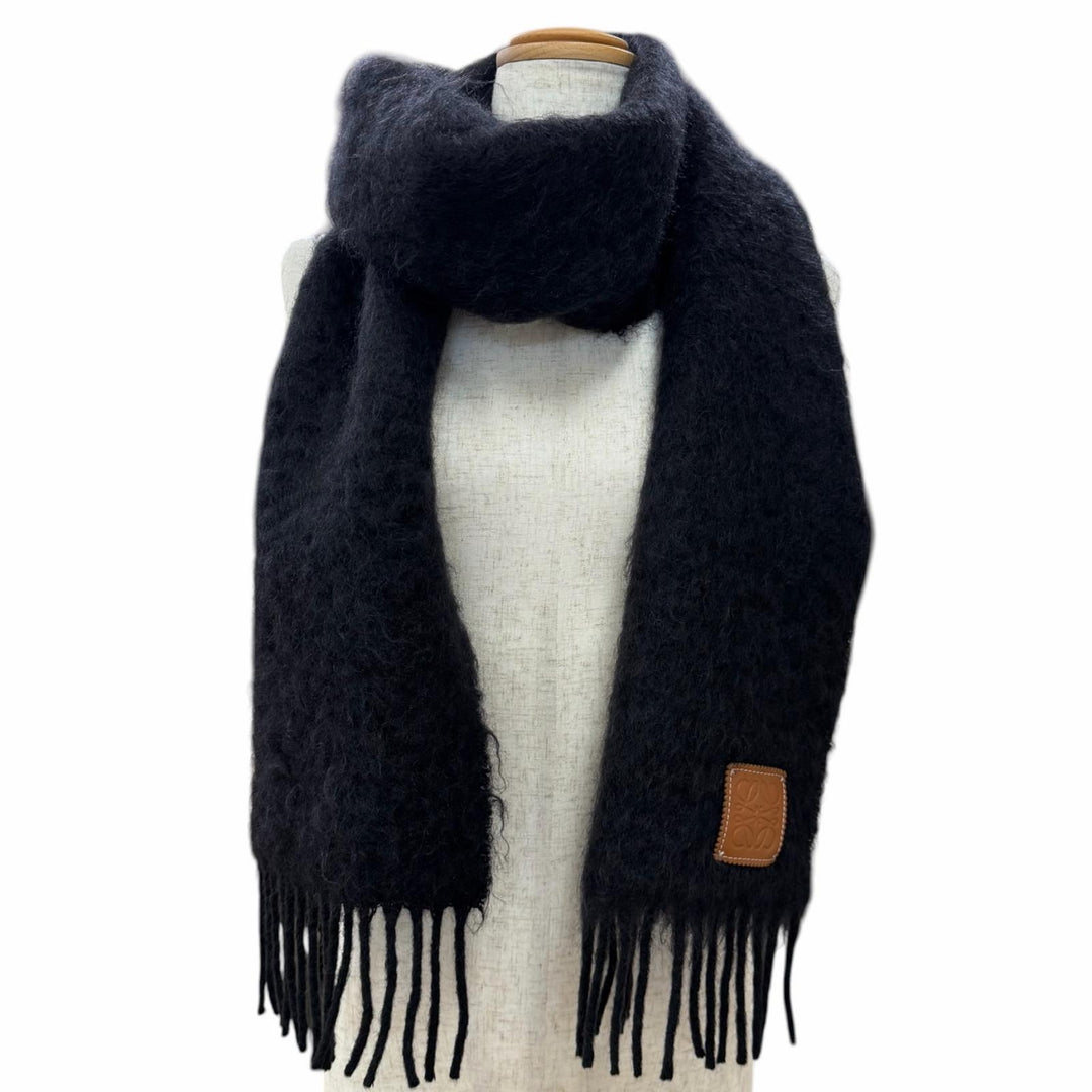 Excellent LOEWE Scarf Anagram Leather Patch Fringe black mohair Women