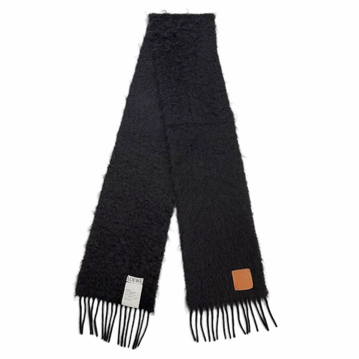 Excellent LOEWE Scarf Anagram Leather Patch Fringe black mohair Women