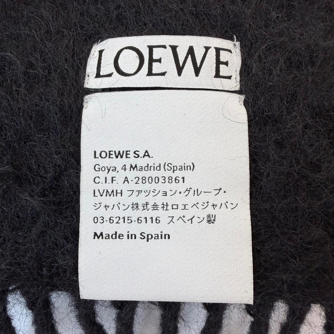 Excellent LOEWE Scarf Anagram Leather Patch Fringe black mohair Women